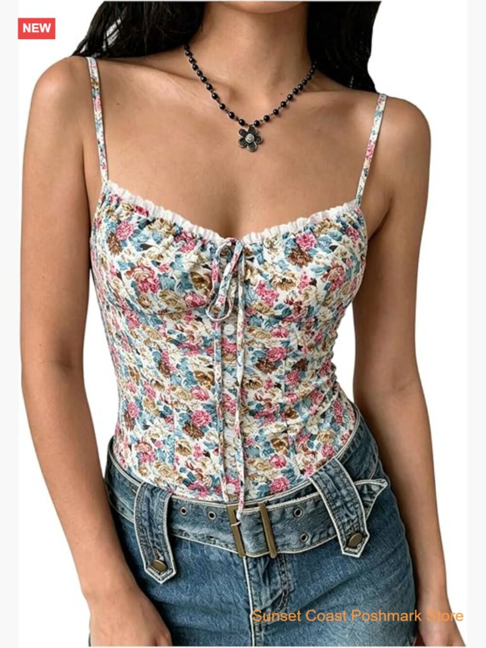 Floral Cami Top Tie Front Spaghetti Strap Frill Trim Fitted Camisole Y2K Top